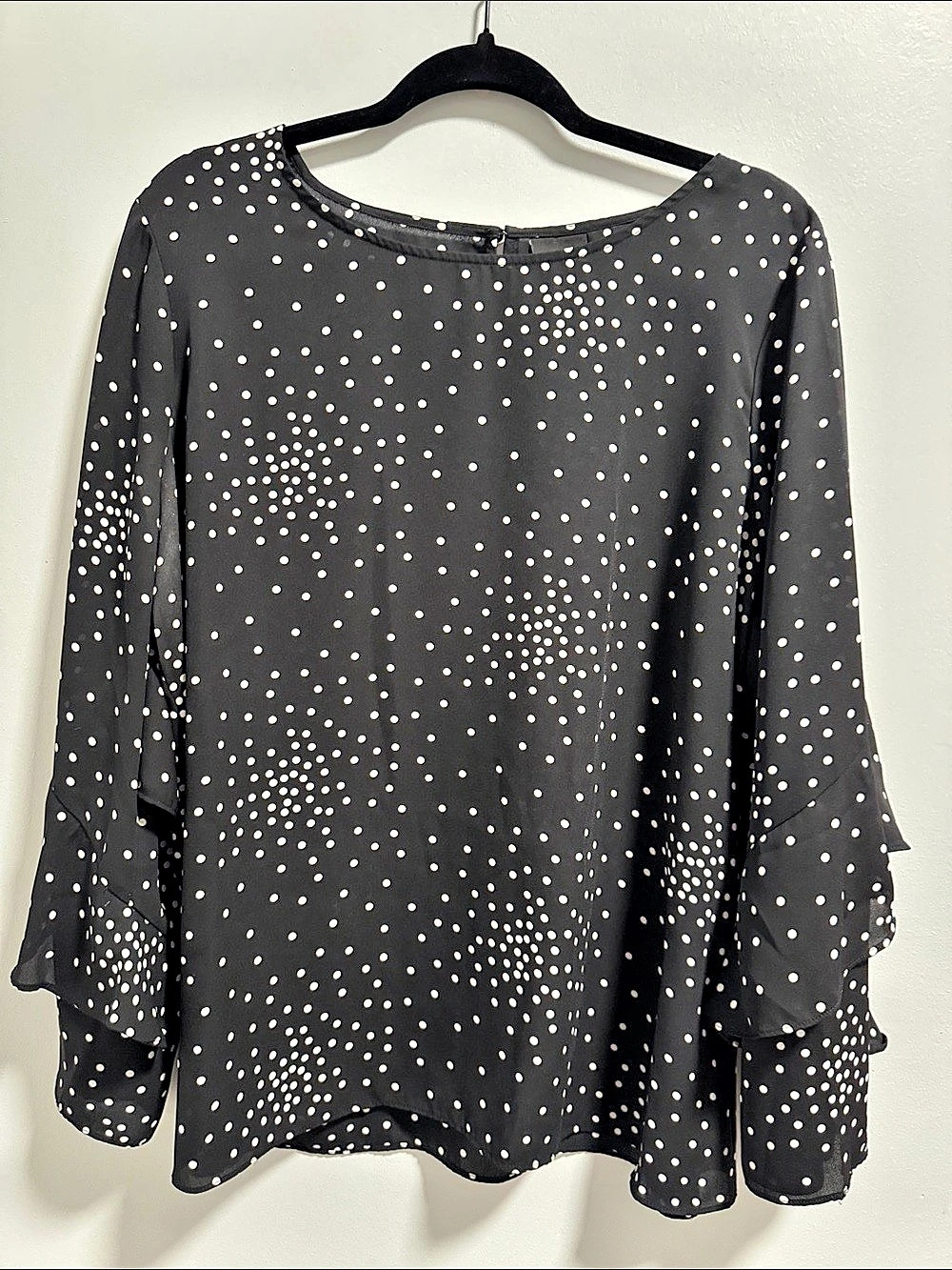 Worthington Polka Dot Ruffle Sleeve Blouse in Black & White XL